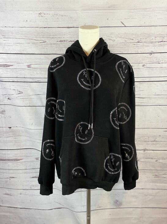 Smiley Tops - Retrovert Sequin Smiley Face Hoodie Women’s Small Black Pullover Sweatshirt